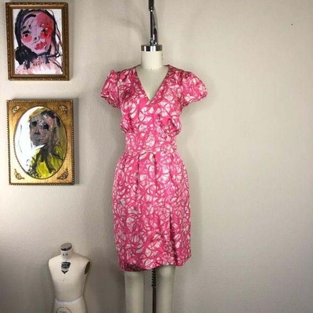 Tocca Silk Wrap Dress V Neck Cap Sleeve Button